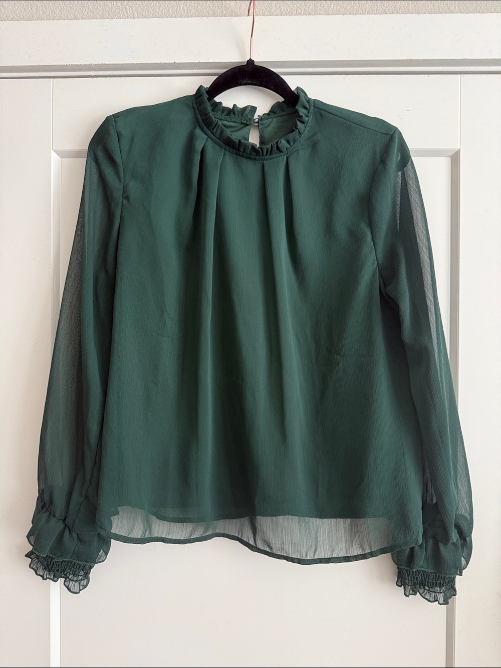 SHEIN Emerald Green Ruffled Neck Long Sleeve Blouse